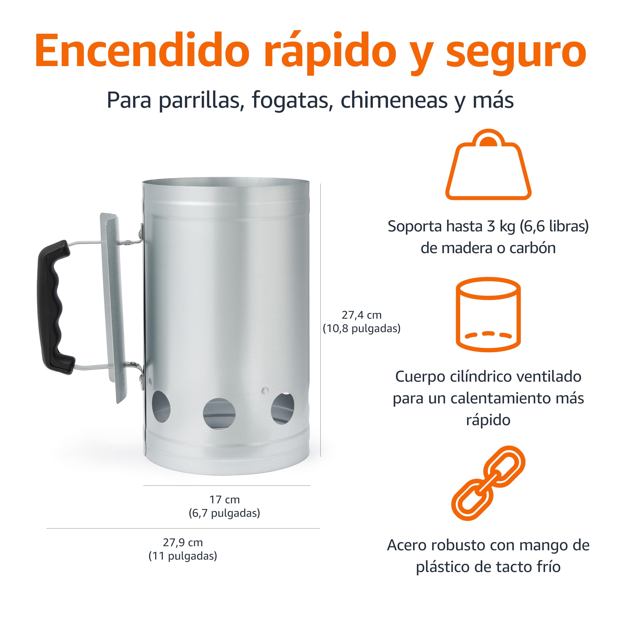 Amazon Basics Encendedor de carbón para barbacoas y Parrillas de carbón, Plateado, Paquete de 1 Unidad - 3