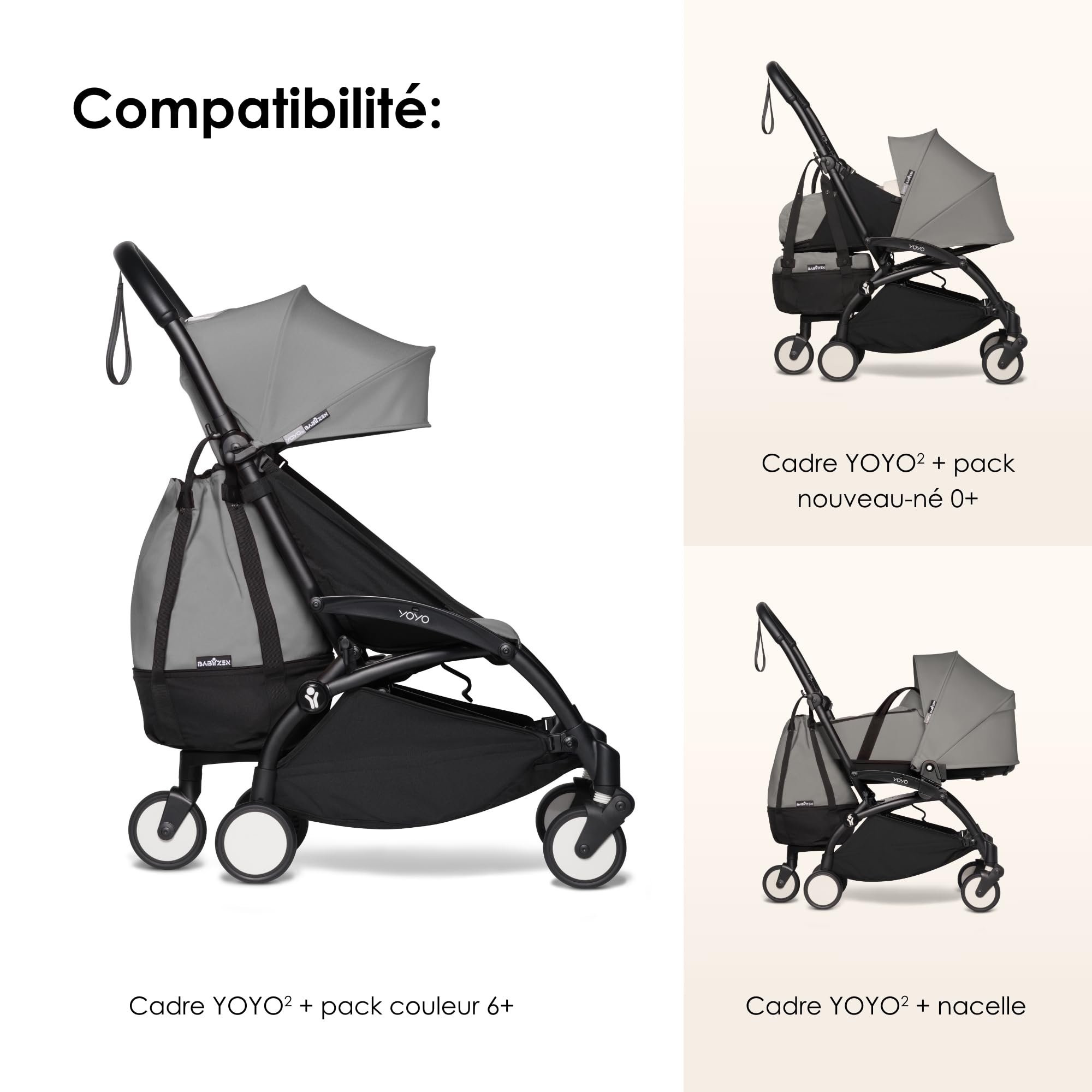 Babyzen YOYO Bag, Gris - Offre Un Stockage supplémentaire et Robuste sur YOYO2 - Comprend Un Sac, Une Base roulante et des Crochets