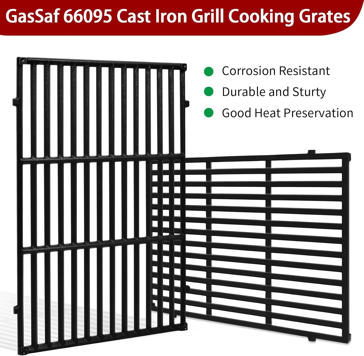 GasSaf 18.75" Grill Grates for Weber Genesis II/LX 300 Grills, Cast Iron Grates for Genesis II E/S 310 315 320 325 340, Replacemenet Parts for Weber 66095 66802 66805 (18.75"x13.25" Each), 2-Pack
