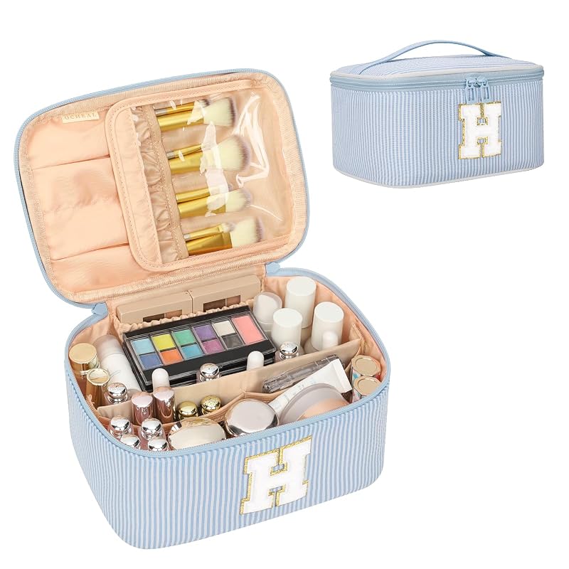 Necessaire de maquiagem OCHEAL com inicial H, azul, nylon e compartimento para pincéis