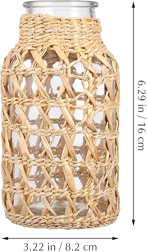 Miniatura 4 de Cabilock Jarrón de ratán tejido para flores, contenedor decorativo para arreglos florales, jarrón floral de vidrio de caña de estilo bohemio,