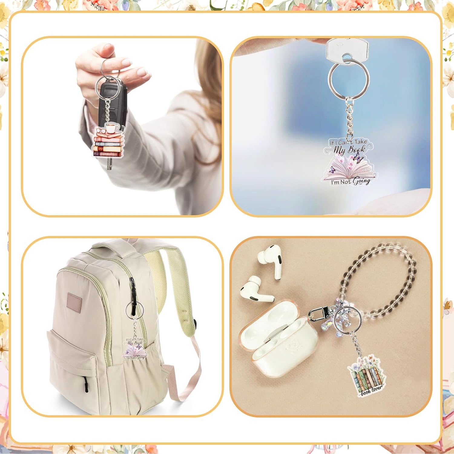 Serencatcher 12pcs Inspirational Book Keychain Party Favors Floral Book Theme Acrylic Keychains Book Lovers Gifts Bulk for Women Book Club Members Writers Bookish Librarian Bookworm - Image 4