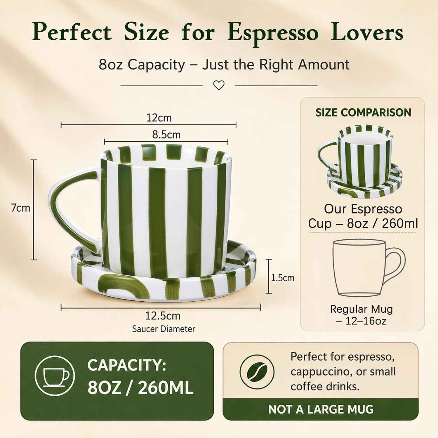 Thenshop 2 Set 8 oz Large Espresso Cups with Saucer, Striped Ceramic Coffee Mugs Great for Tea Hot Chocolate, Microwave Safe, for Women, Men, Modern, Unique Style for Kitchen, Office