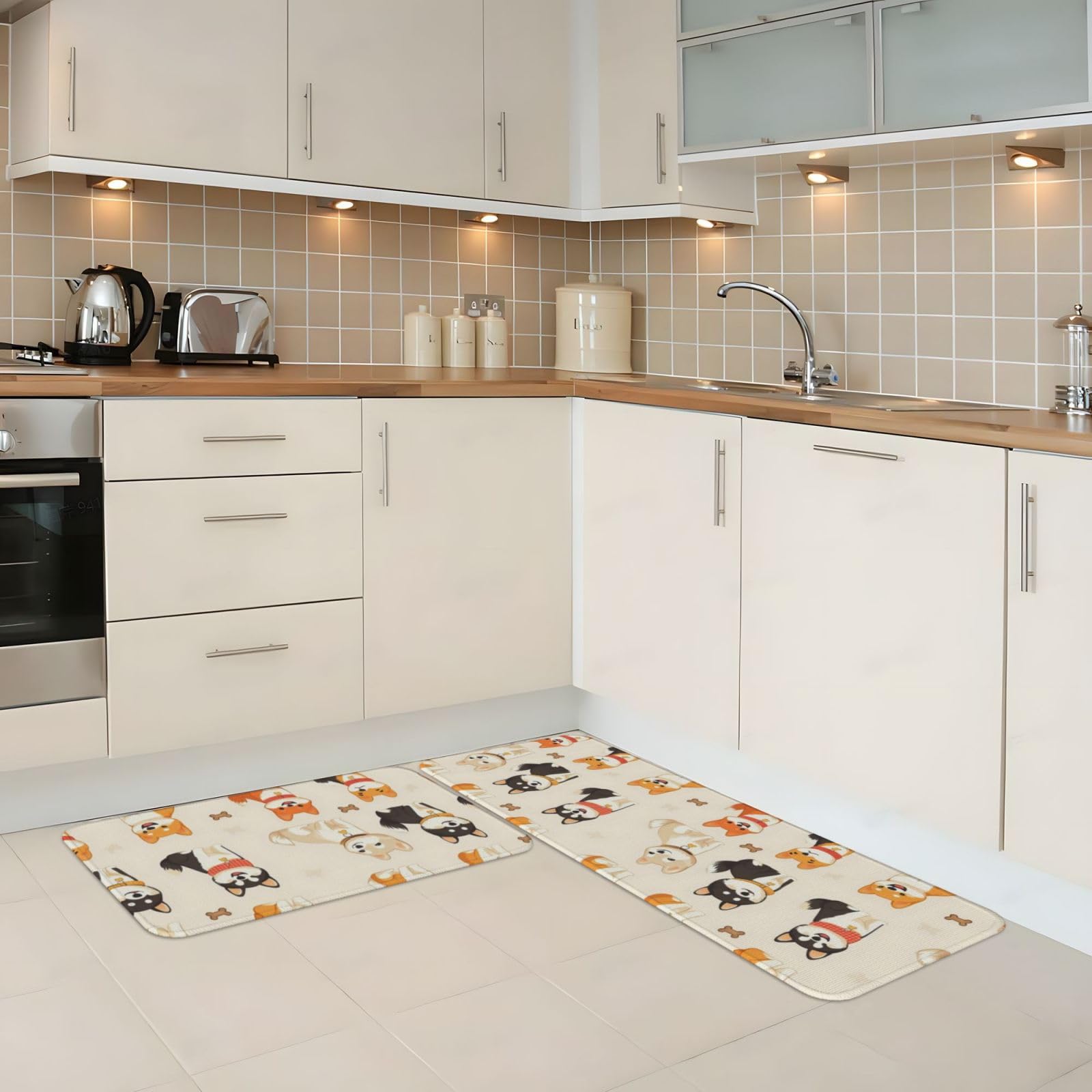 GVYGVY Antifatigue Kitchen Mats for Floor 2 Piece - Cute Puppy Cartoon Print Kitchen Rugs Washable, Non Slip Runner Rug Standing Mat for Office/Bathroom/Laundry/Home Decor and Accessories