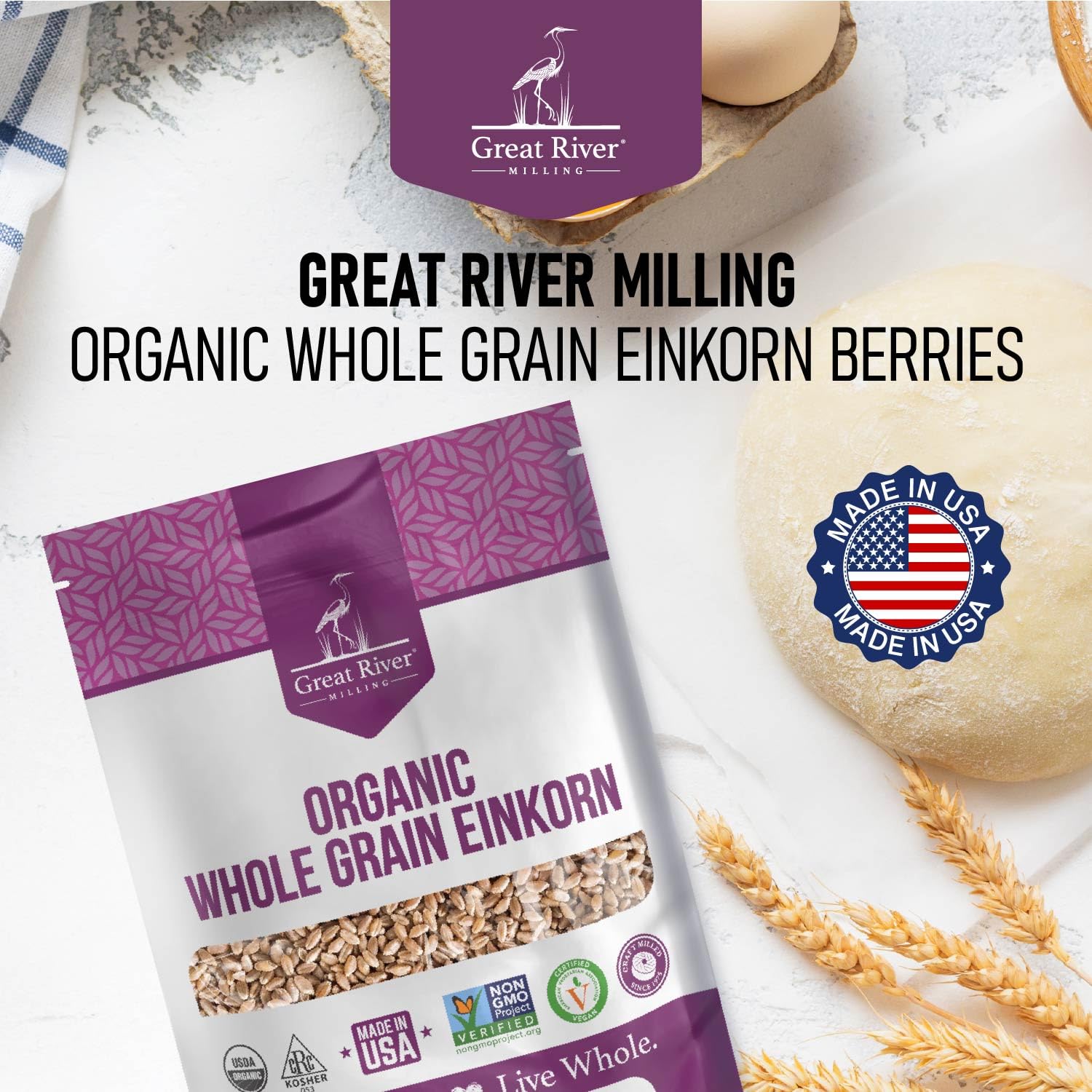 Great River Milling Einkorn Wheat Berries | Whole Grain Ancient Wheat | Non-GMO, High-Protein, Kosher | Mill at Home as All-Purpose Flour Alternative for Baking & Cooking | 5 Lb