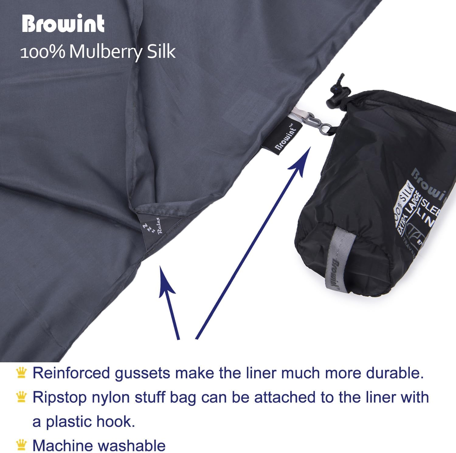 Browint Silk Sleeping Bag Liner, Silk Sleep Sack, Extra Wide 87"x43", Lightweight Travel Sheet for Hotels, More Colors for Option, Reinforced Gussets