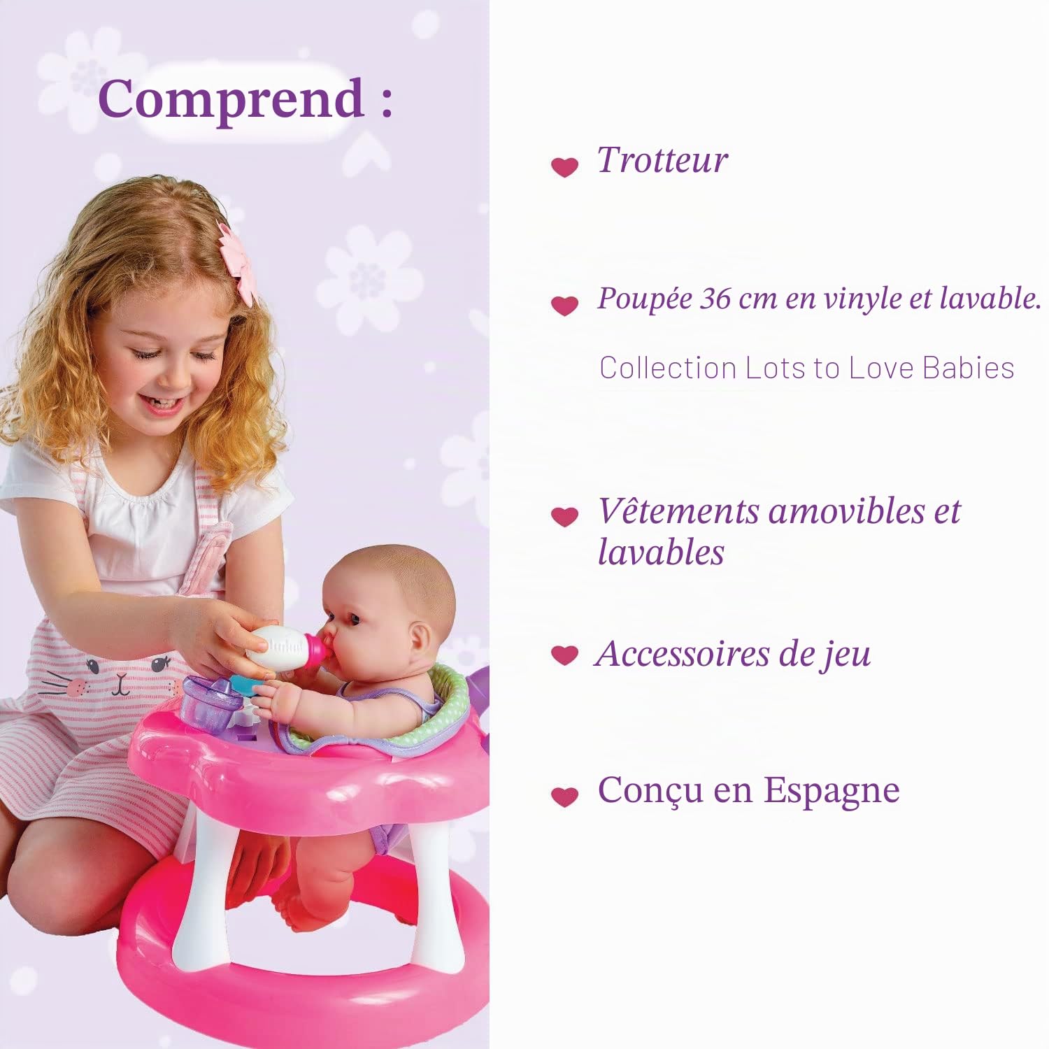 JC TOYS Poupée Lots to Love Babies de 36 cm en Vinyle Doux, avec Trotteur et 6 Accessoires, idéale pour Jouer, Rose, conçue par Berenguer, +2 Ans