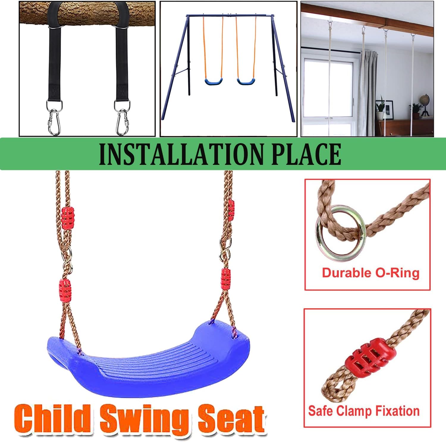 Taeku Swings for Kids, Plastic Swing Seat with Rope Kids Tree Swing Set Accessories Adjustable Rope for Outdoor Indoor Playground (Blue)