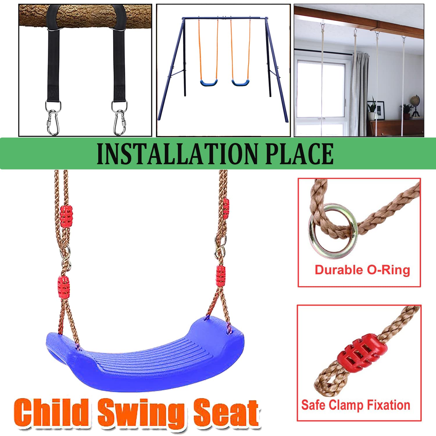 Taeku Asiento de Columpio, Plástico Jardín Árbol Patio Columpio Infantil Niños Bebe con Cuerda Regulables Exterior Interior (Azul)