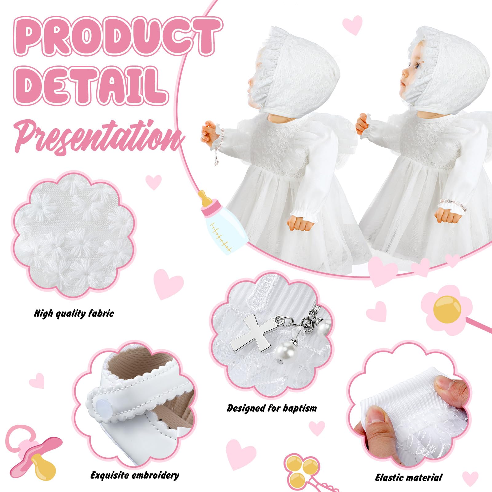Juego de 5 piezas de vestido de bautizo para niña, incluye vestidos de bautizo, sombrero, cruz, pulsera, calcetines, zapatos