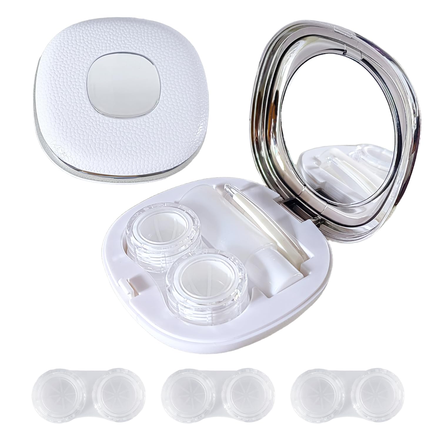 Erewa Contact Lens Case Kit with Mirror Durable, and 3pcs Extra Solution Soaking Cases for Travel Daily Outdoor(Grey White)