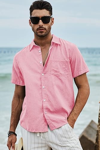 Miniatura 78 de JMIERR Camisas de vestir a rayas con botones y manga corta para hombre