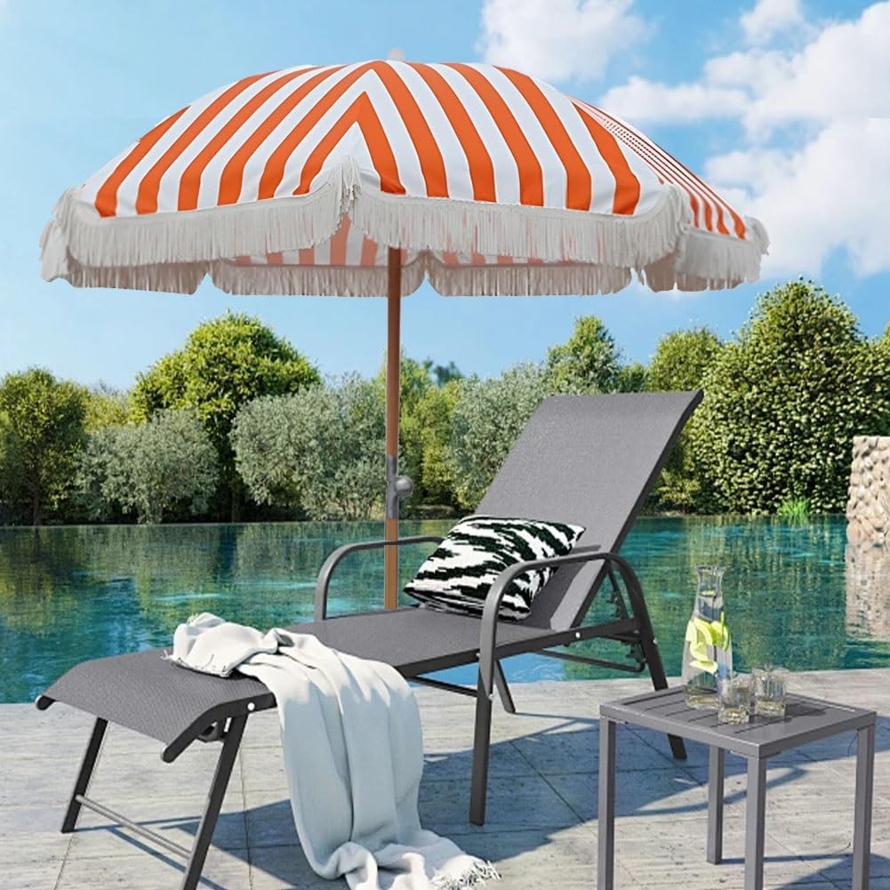 7ft Orange Striped Outdoor Patio Umbrella with Tassel, UPF50+ Beach Parasol, Iron Pole Sunshade Portable for Balcony, Deck, Garden