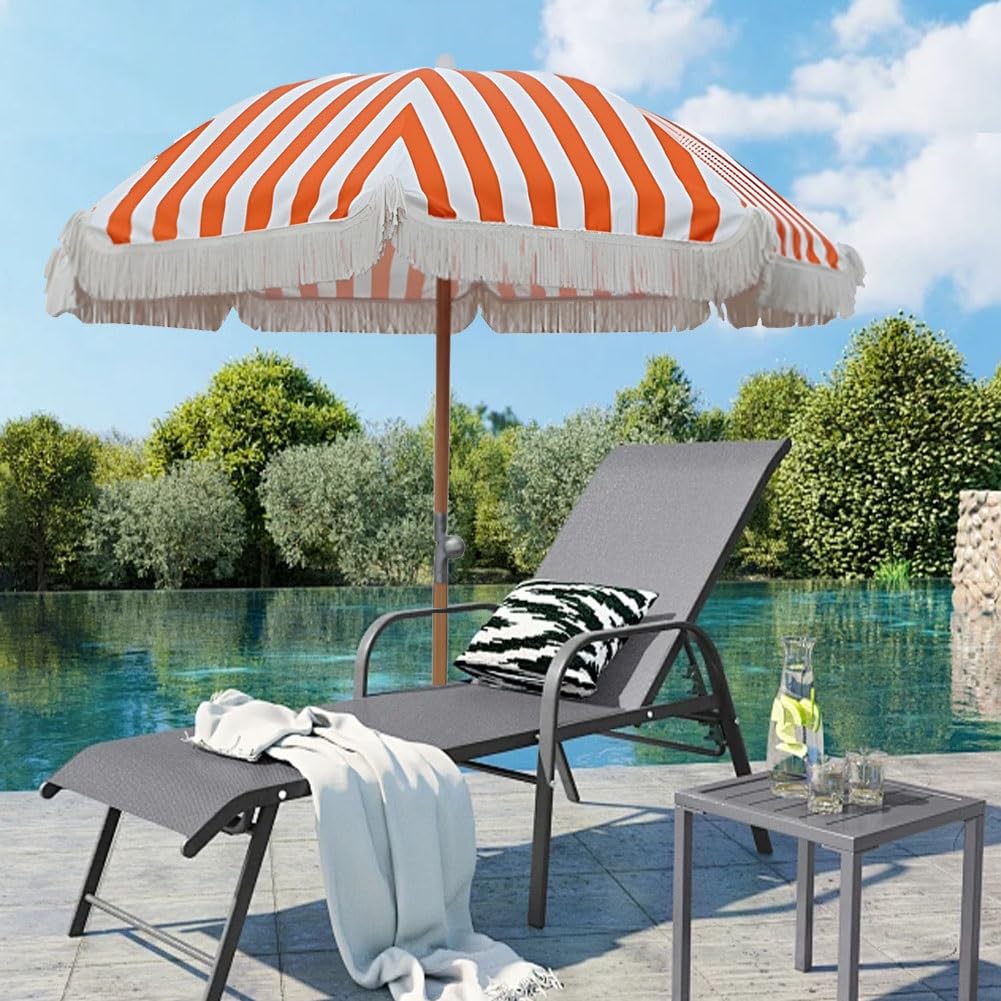 Genérico 220 cm Sombrilla de Exterior a Rayas Naranjas con Borla, Parasol de Playa UPF50+, Sombrilla de Jardín Plegable con Poste de Hierro