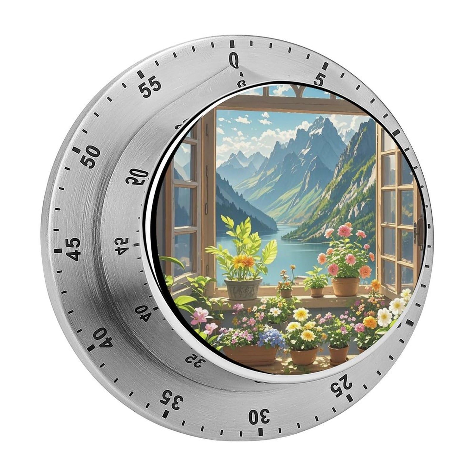 Natural Scenery Timer with Loud Alarm Precision 60 Minute Wind Up Timer Portable Manual Countdown Timers Exquisite Stainless Magnetic Kitchen Timers for Cooking Chef Clock