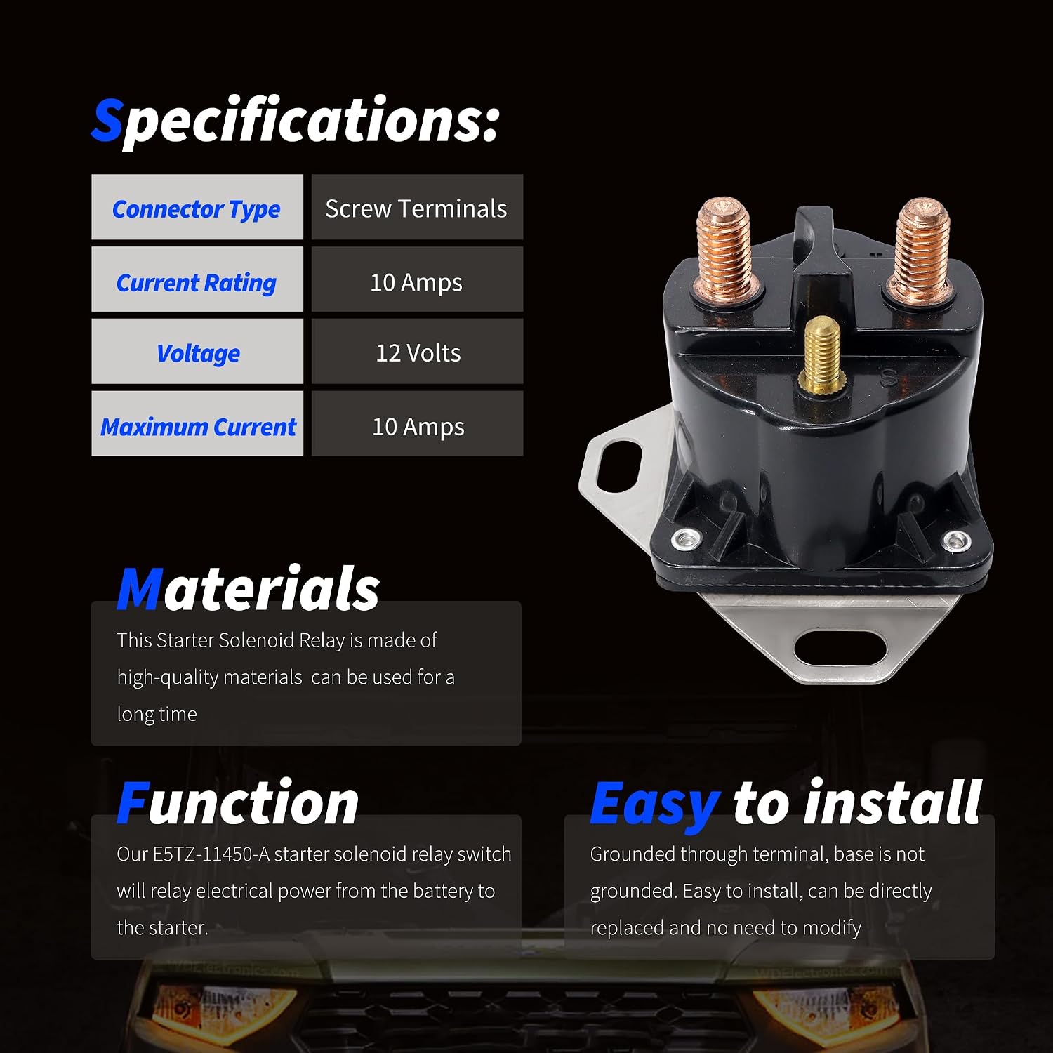 Starter Solenoid Relay Compatible with Motrocraft SW1951C Ford F150 F250 F350 F450 F550 E150 E250 E350 Escort Bronco Mustang Ranger & Lincoln # E5TZ-11450-A E9TZ-11450-B SW1951 SW1951A