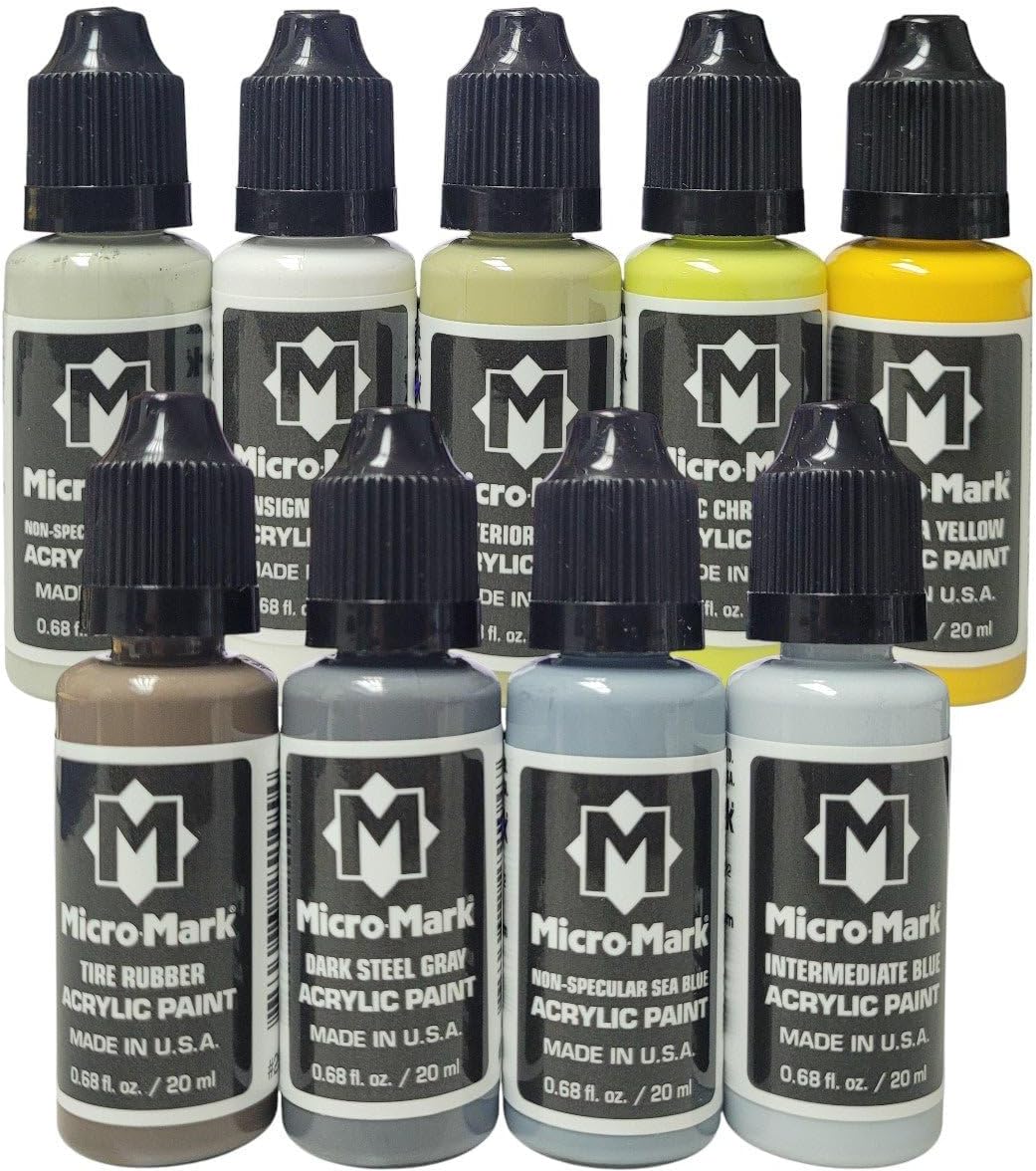 MicroMark USAAF Pacific WW2 Essential Acrylic Paint Set, 9 Colors, Made in USA, Military Aircraft Model Paint, 0.68 fl oz Bottles