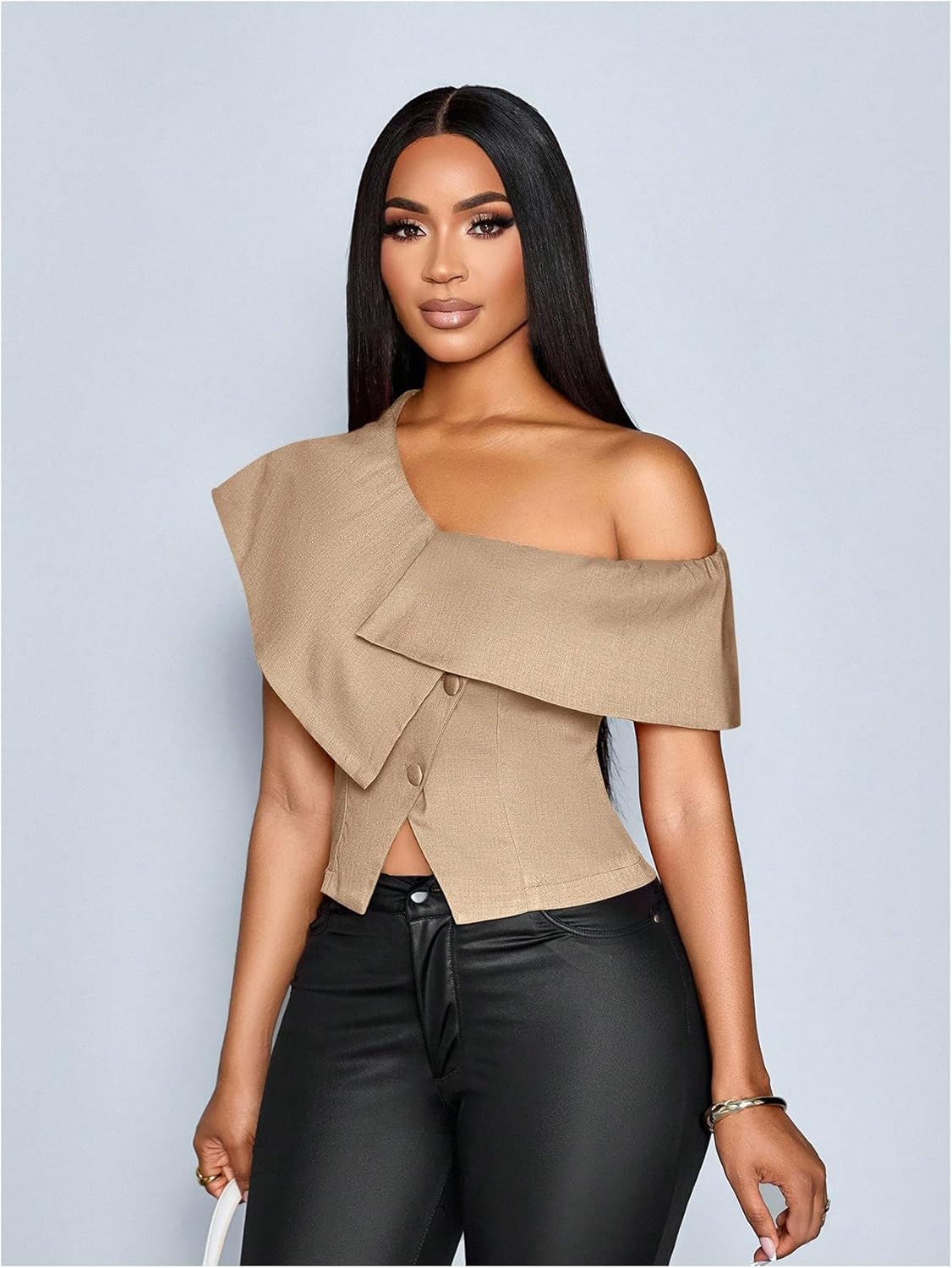 OYOANGLE Women's Off The Shoulder Short Sleeve Fitted Blouse Button Split Hem Dressy Top - Image 3