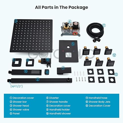 Miniatura 7 de gotonovo Grifo de ducha con chorros de cuerpo completo, mezclador de lluvia, cabezal de ducha de lluvia de 12 pulgadas y rociador de mano, válvula