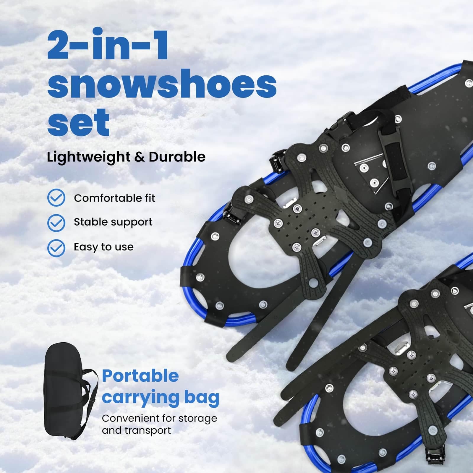 vidaXL Ciaspole 3 in 1 Blu e Nero 63 x 21 cm Alluminio e HDPE, Ciaspole in alluminio per il giardino, attrezzatura outdoor regolabile, accessori moderni per camminare sulla neve