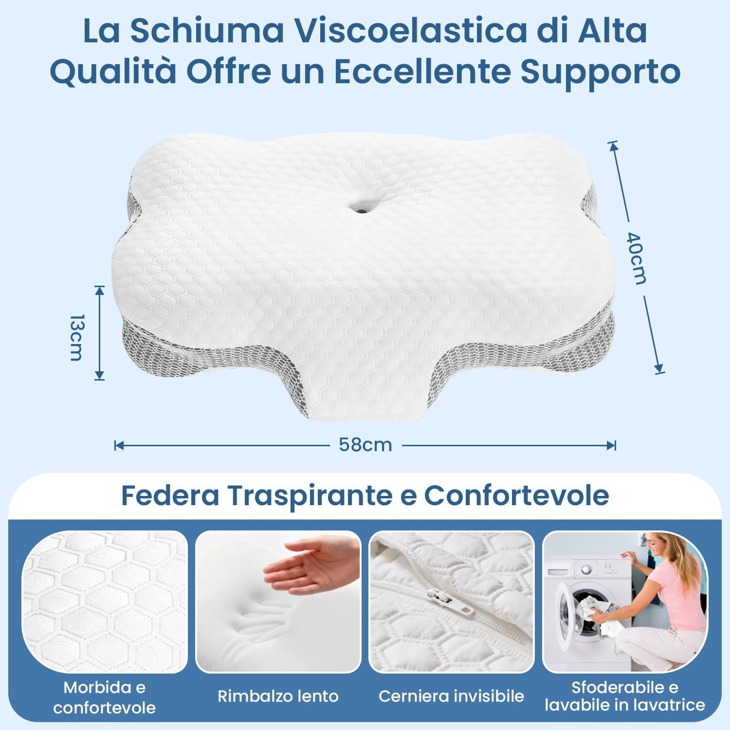 Cuscino Cervicale per Dormire - Cuscino Ortopedico in Memory Foam, Ergonomico, Supporto Collo Fianco/Schiena, Federa Sfoderabile e Lavabile, 58×40×13/10 cm (Bianco)