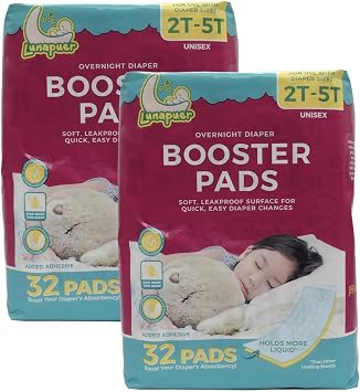 Diaper Booster Pads Overnight, Stop Leaks Nighttime, Overnight Diaper Liners for Baby, Toddler, Boys & Girls, Adhesive Diaper Inserts, Size 5 Diapers and up, 64 ct 2 Packs
