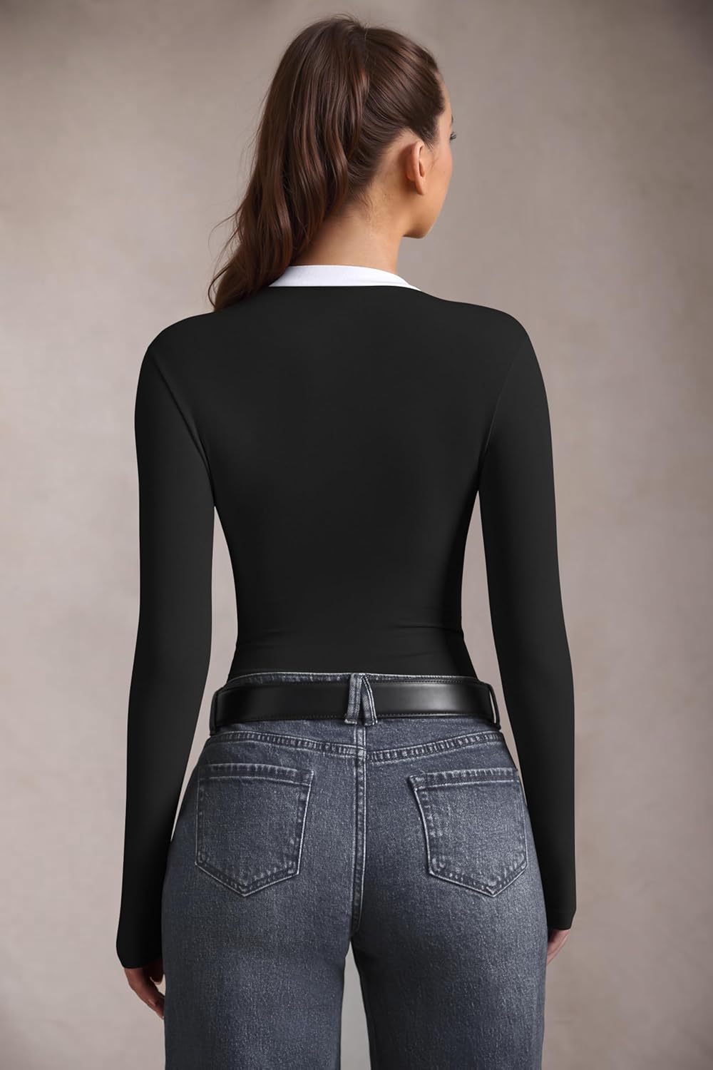 OQQ Women's Bodysuit Tops Contrast-Trim V Neck Long Sleeve Seamless Bodysuits - Image 4