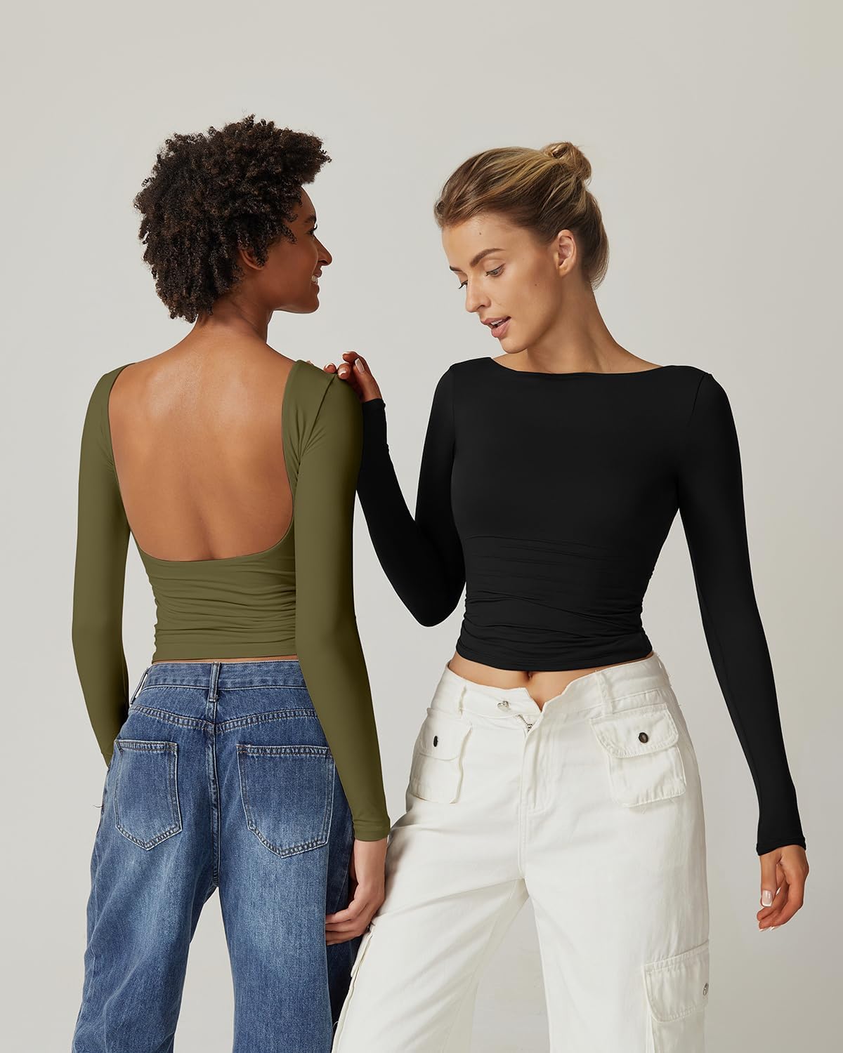 QINSEN Women's Sexy Open Back Long Sleeve Shirts High Neck Double Lined Tees Fitted Going Out Tops - Image 3