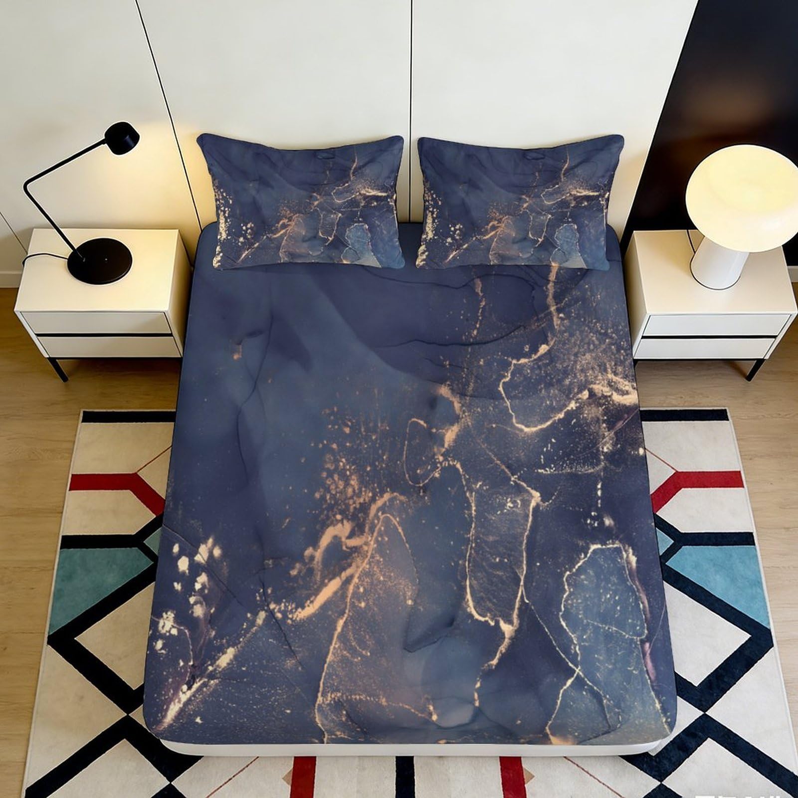 3D Printed Marble Blue Gold Fitted Sheet Microfiber Soft Bedroom Decor Abstract Vein Mattress Cover Washable 140x200x25cm