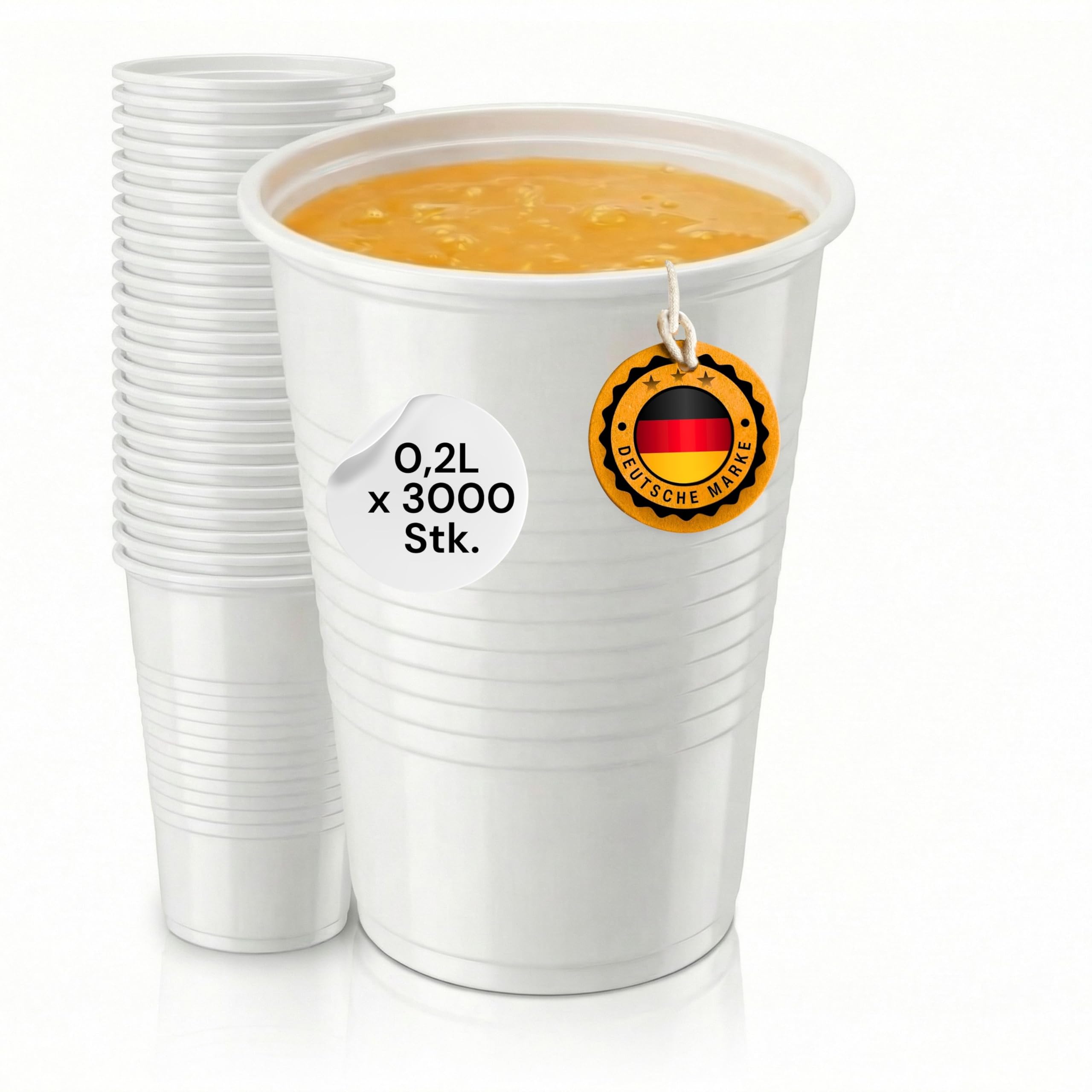 3000 Stück Trinkbecher | Eichstrich 0,2l | Plastikbecher Bierbecher Einwegbecher aus Kunststoff PP (Polypropylen), weiß | Ausschankbecher