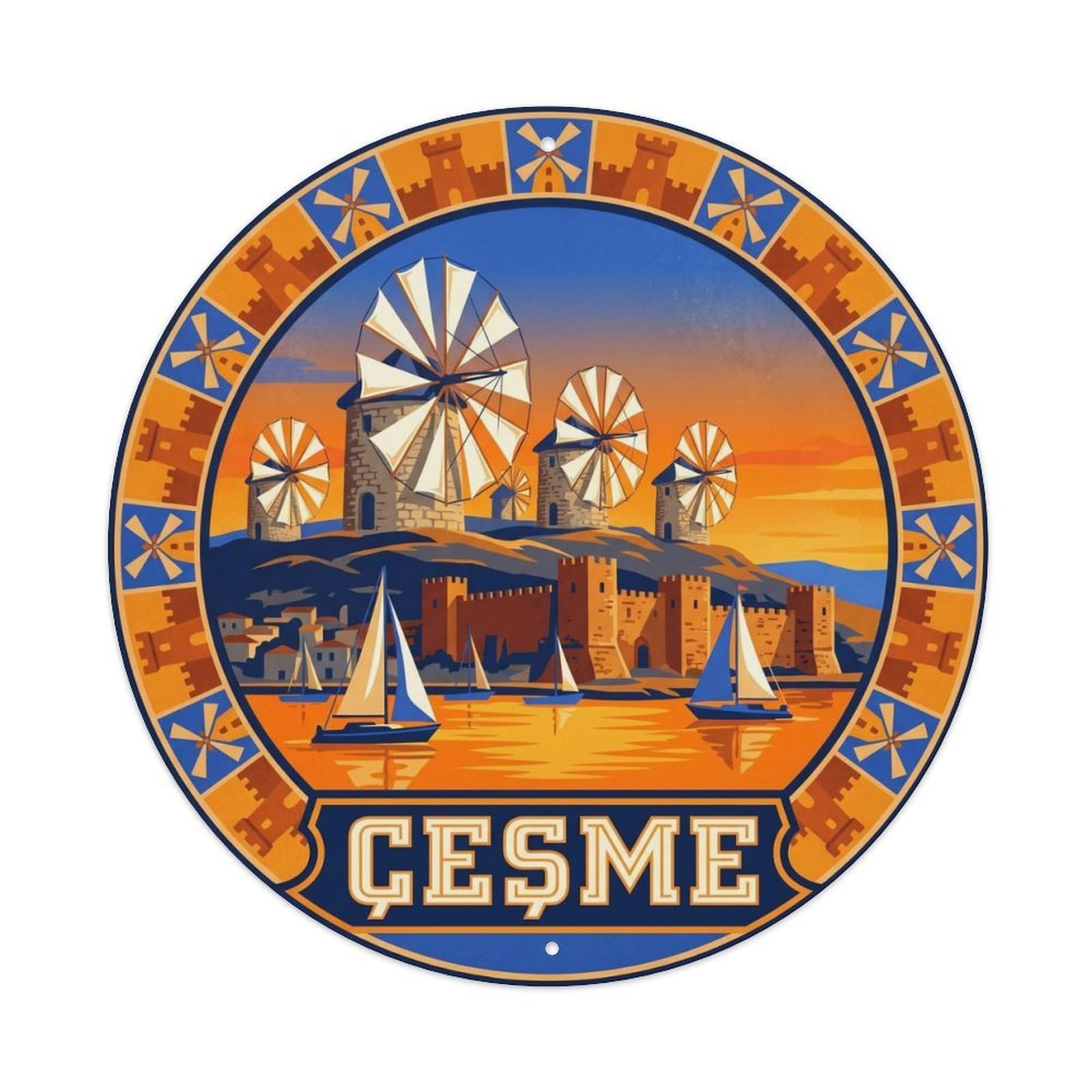 Cesme Windmill Sunset Heritage Travel Turkey Bold Color Metal Tin Sign