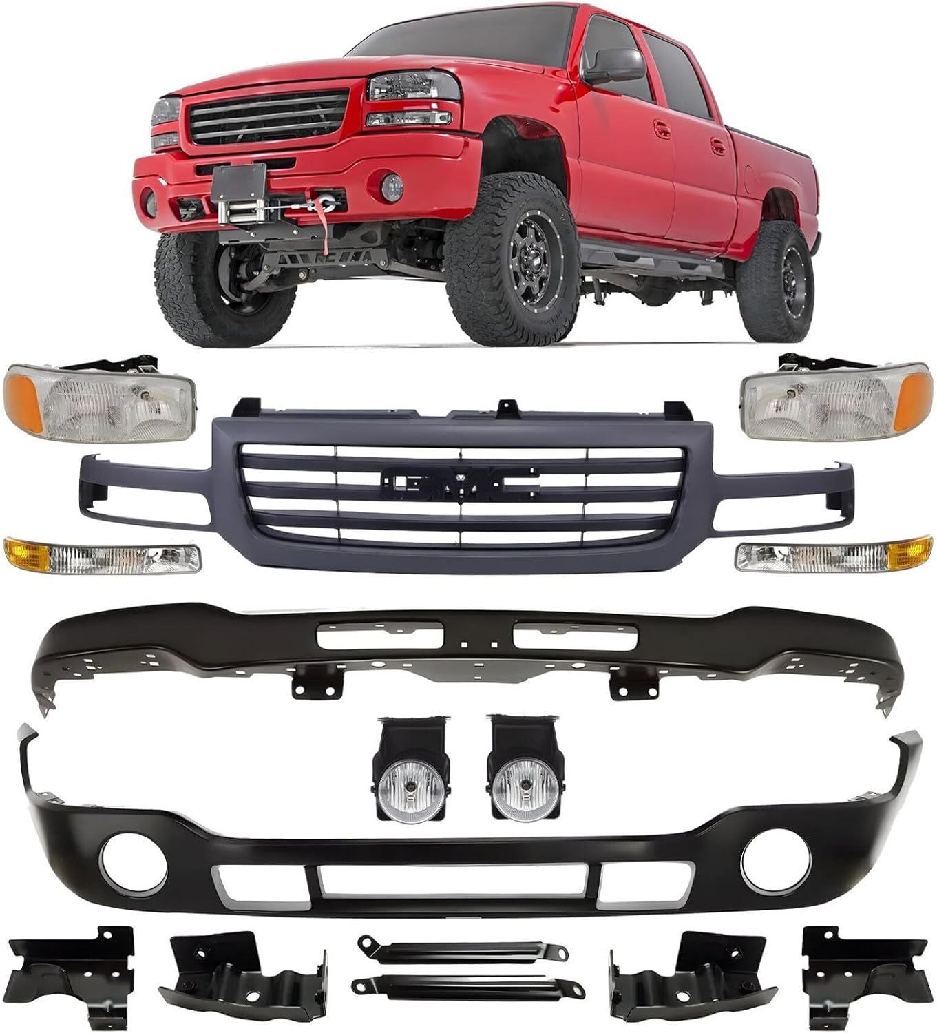 Front Bumper Primed & Headlight Kit Fit for GGMMCC Sierra 1500 2500 HD 3500 2003-2007 Bumper Grille Cover Headlight Kit