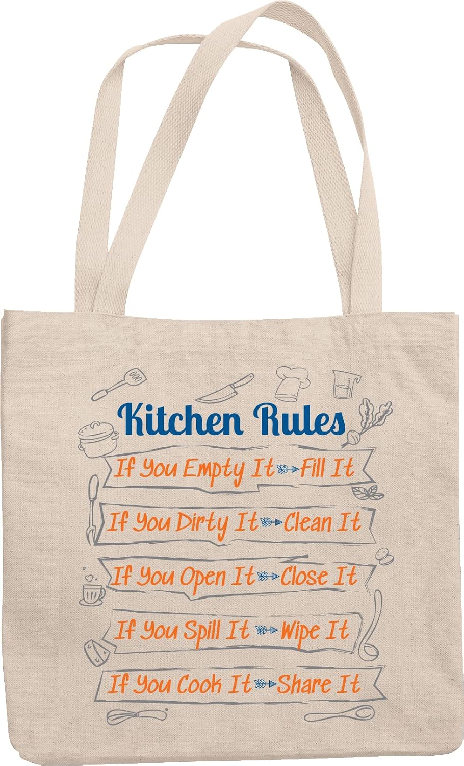 Kitchen Rules. Perfect Reusable Tote Bag For Chefs, Cook, Mothers, Fathers, Food Lovers, Kitchen Freaks, Kitchen Master, Women and Men