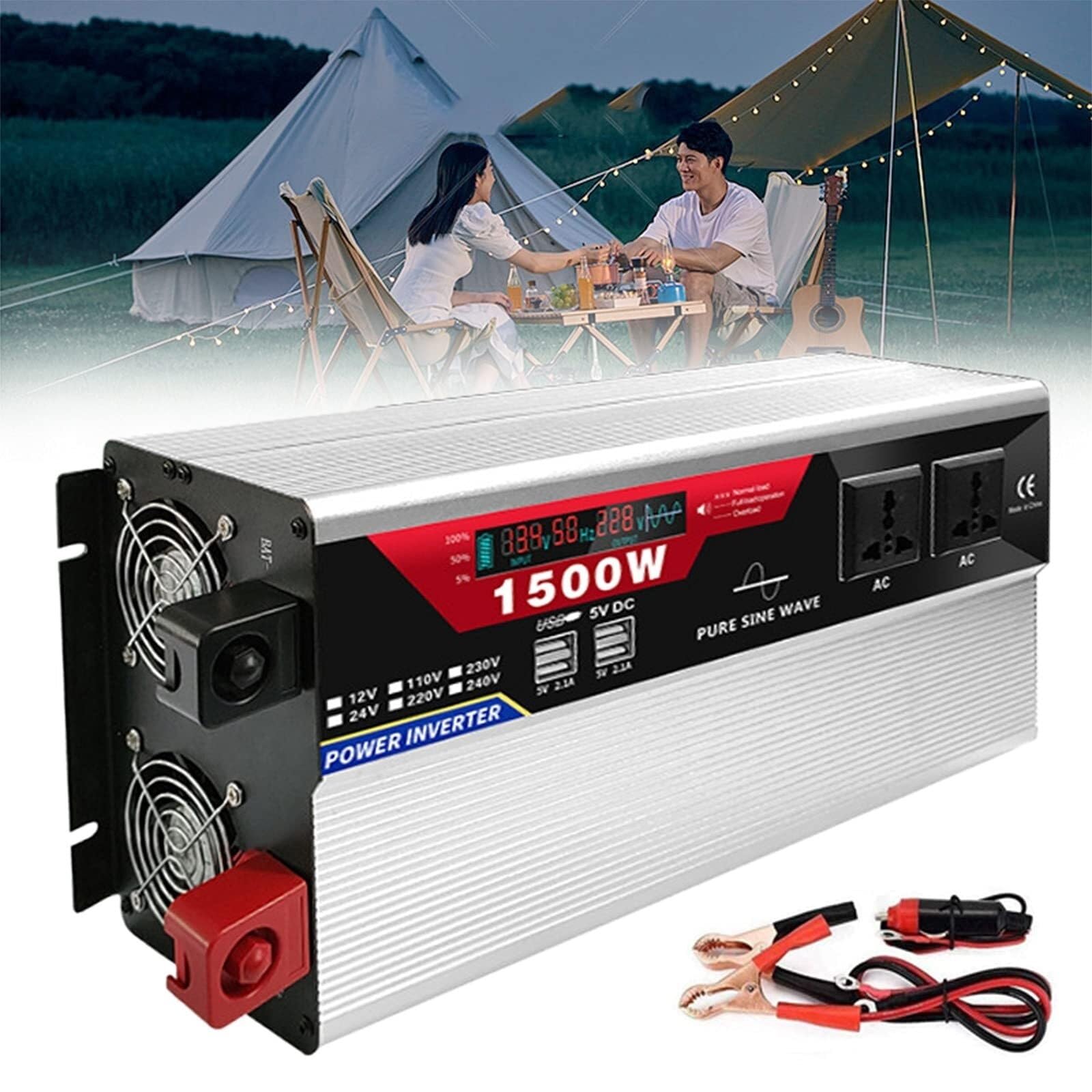 PWANUIGTE Power Inverter Pure sine Wave 12V/24V to 110V/220V DC to AC Converter with Outlets 6 USB Ports and LCD Display(12Vto220V,1500W)