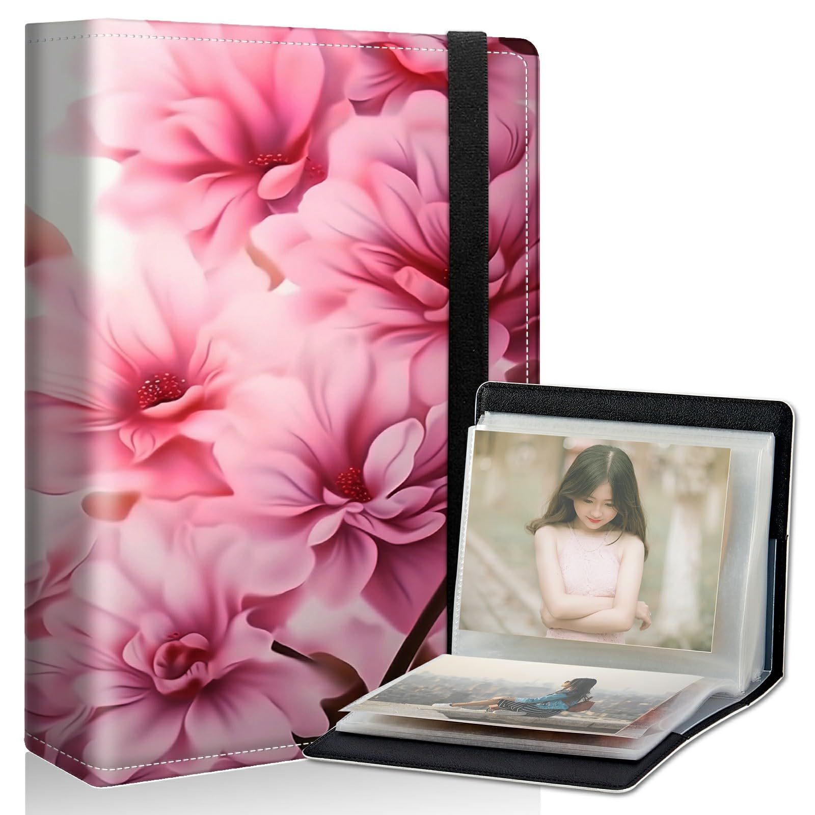DIGTIALL Pink Flowers Photo Album Small 5x7 PU Leather Cover Photo Albums with Elastic Band 120 Photos Inner Pockets for Family Anniversary Wedding Baby Pets