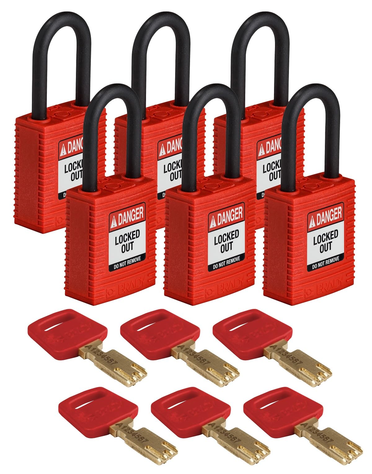Candado de Nailon Safekey, 38mm x 84mm x 19mm, Rojo, Paquete de 6