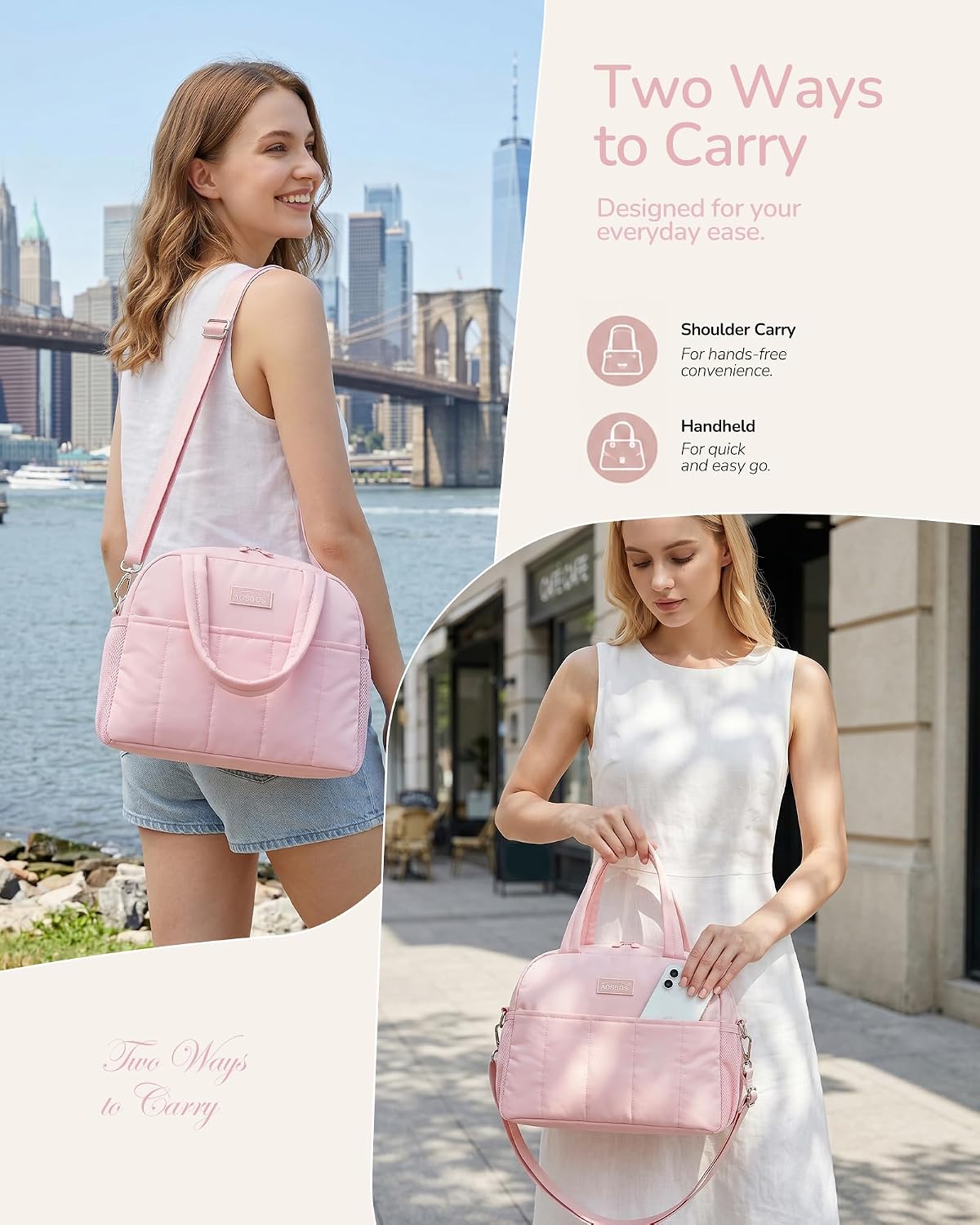 Aosbos Pink Puffer Lunch Bag For Women, Insulated Lunch Tote for Work