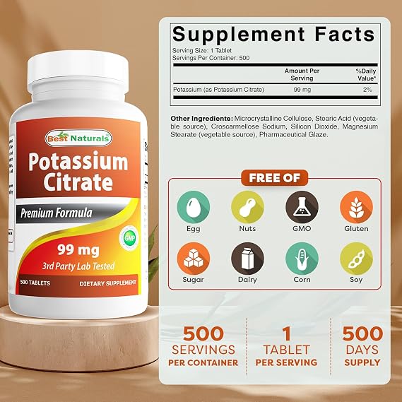 Best Naturals Potassium Citrate 99mg 500 Tablets - 3rd Party Lab Tested