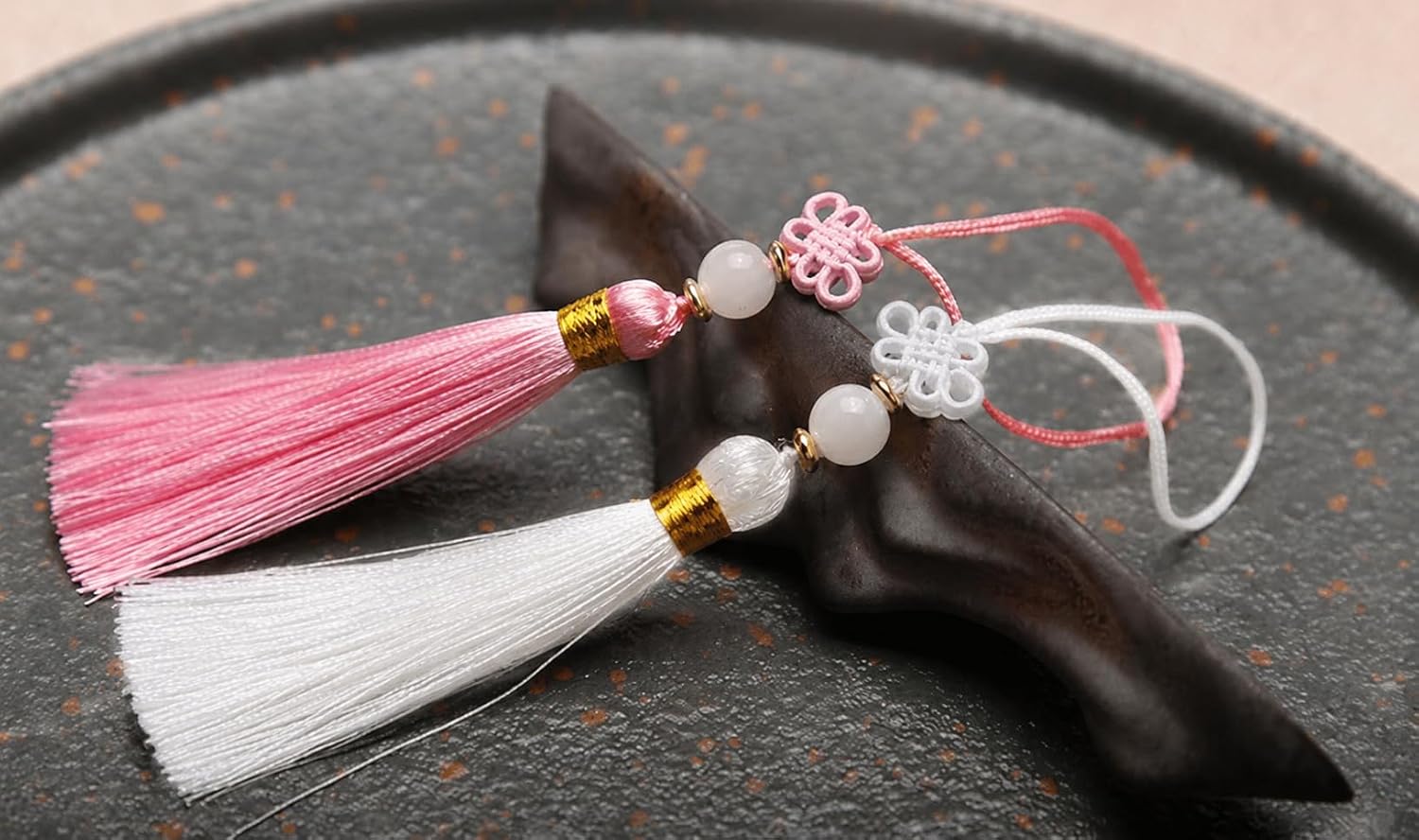 Modern Hanbok Korean Norigae Pink Knot Tassel Ornament Pack of 2 | Handmade cultural charms perfect for bags, keychains, and unique gift packaging. Beautifully crafted traditional accessories.