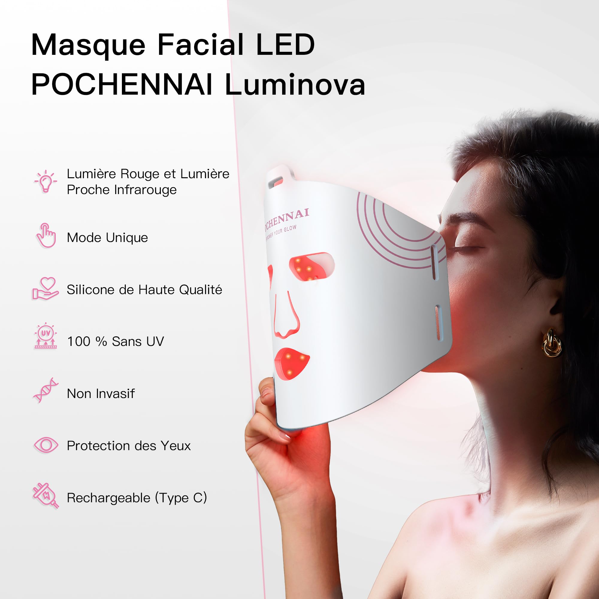 Luminiva Masque LED Visage – Lumière Rouge 633 nm & Infrarouge 850 nm, Masque de Luminothérapie en Silicone Flexible, 3 Niveaux d’Intensité, Appareil de Soin du Visage à Domicile