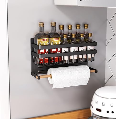 Sleclean Estante magnético para especias para refrigerador, soporte magnético para toallas de papel, organizador magnético para refrigerador,