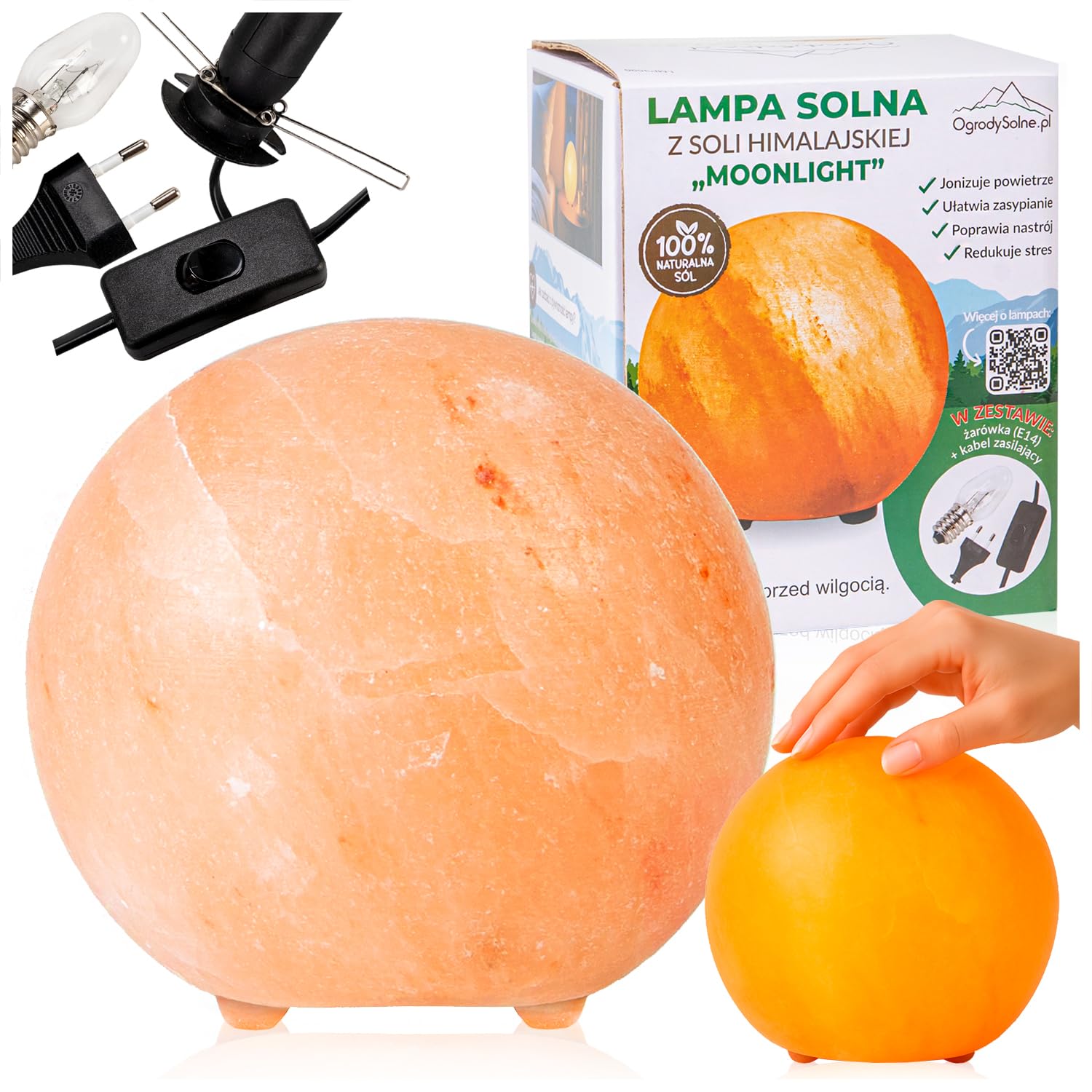 Lámpara de Sal del Himalaya “Moonlight” – Esfera de 14,5 cm, 3,9 kg – Luz Cálida y Relajante – Hecha a Mano con Base de Madera – Incluye Bombilla E14 y Cable con Interruptor – Ideal pa