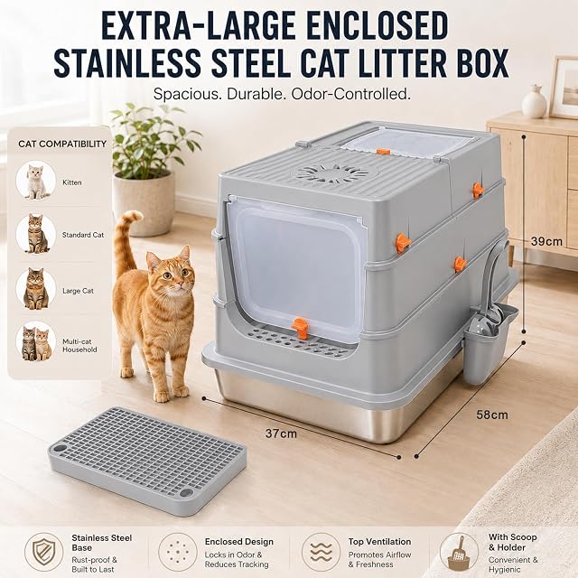 Foto 2 de 6 de Arenero Acero Inoxidable Gatos,58×37×39 cm XL Arenero Cerrado para Gatos, Caja de Arena con Pala-Gris