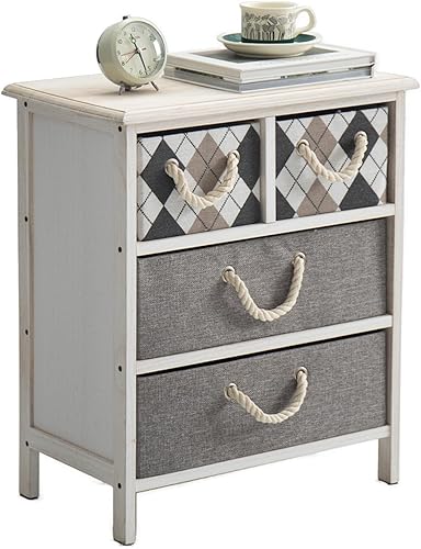 Leesinwing Mesita de noche de madera con 4 cajones de tela, cómoda de noche para dormitorio, mesita de noche pequeña con cajones de almacenamiento,