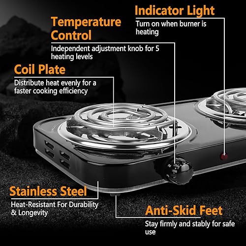 Miniatura 5 de Placa caliente, estufa eléctrica portátil de 2000 W para cocinar con 5 niveles de temperatura ajustable y control doble, quemador de bobina doble