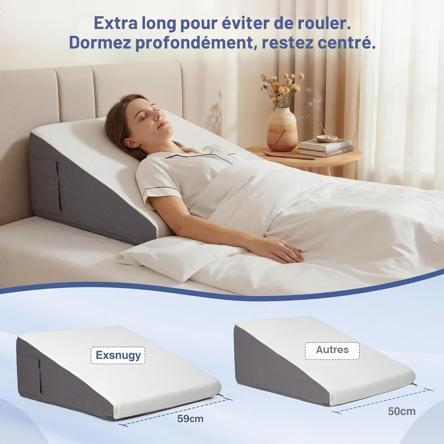 Exsnugy Oreiller Cale Triangulaire Surélevé de 19 cm pour Lit, Appui-tête pour Soulager le Reflux Acide, Sommeil, Post-Opératoire, Soulagement des Douleurs Dorsales, Ronflements, Dessus en Mousse à