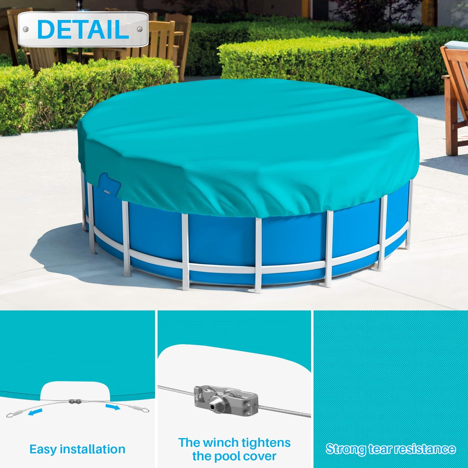 Patio Round Pool Covers for 11' Above Ground Pools, 14ft Winter Pool Safety Cover, Heavy Duty Tarp with Wire Rope Edging Winch, UV-Resistant, Turquoise Green (Waterproof)