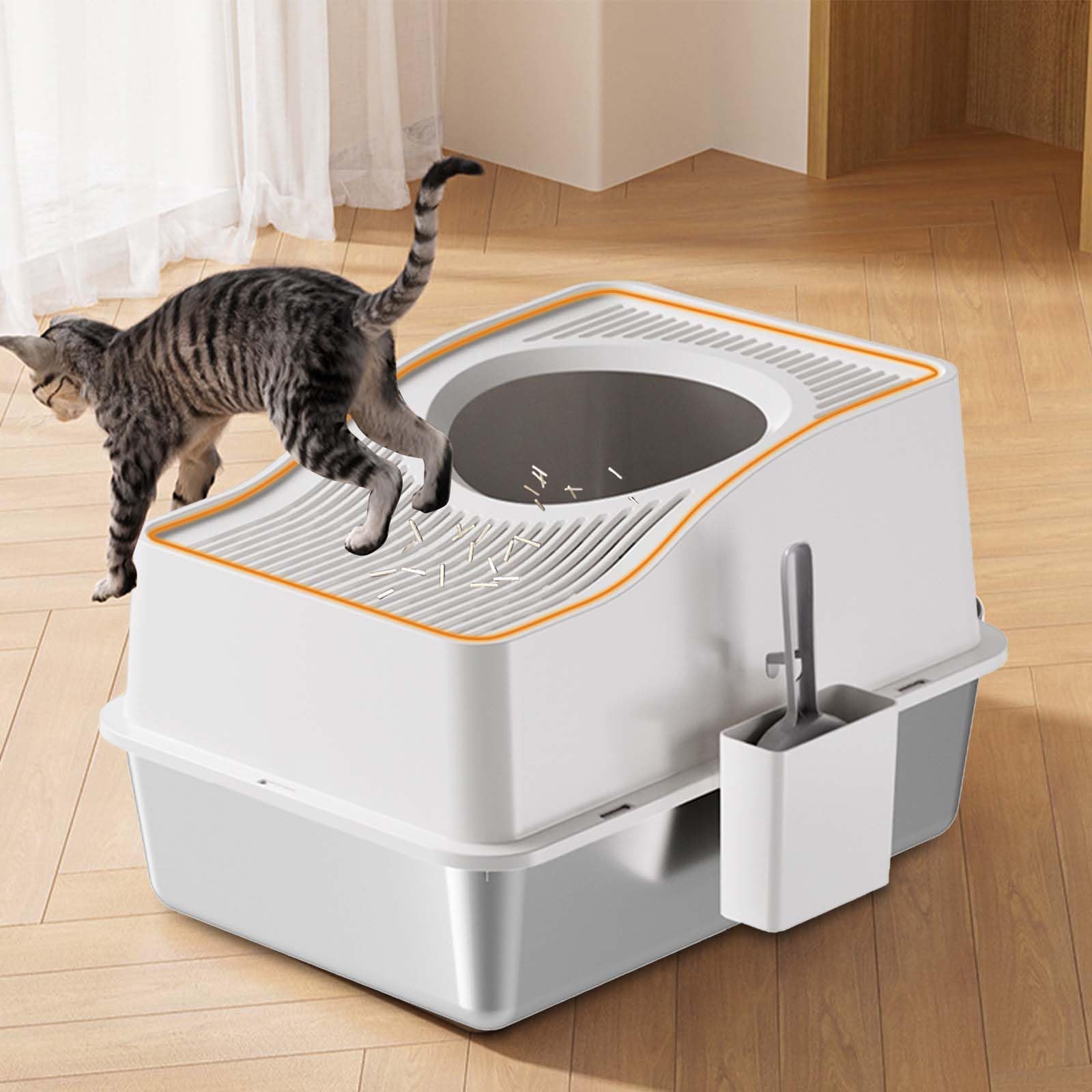 Stainless Steel Enclosed Cat Litter Box with Lid, Top Entry High-Sided Litter Box for Large Cats, Odor-Resistant & Easy Clean Kitty Litter Pan – 60x40x34.5cm White Base, Anti-Scatter Design - image 7