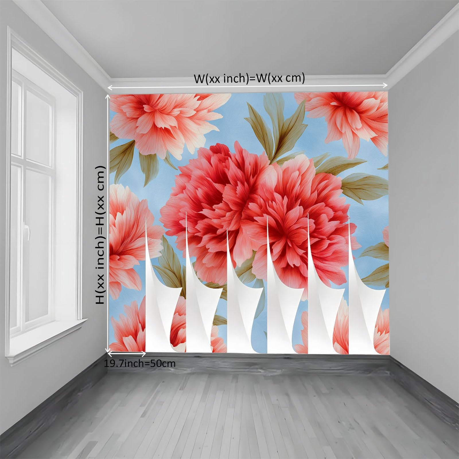 Generico Jasnoniebieska panoramiczna tapeta, elegancka kwiatowa różowa piwonia niestandardowe fototapety 350 x 256 cm (szer. x wys.) - dekoracje do salonu i sypialni