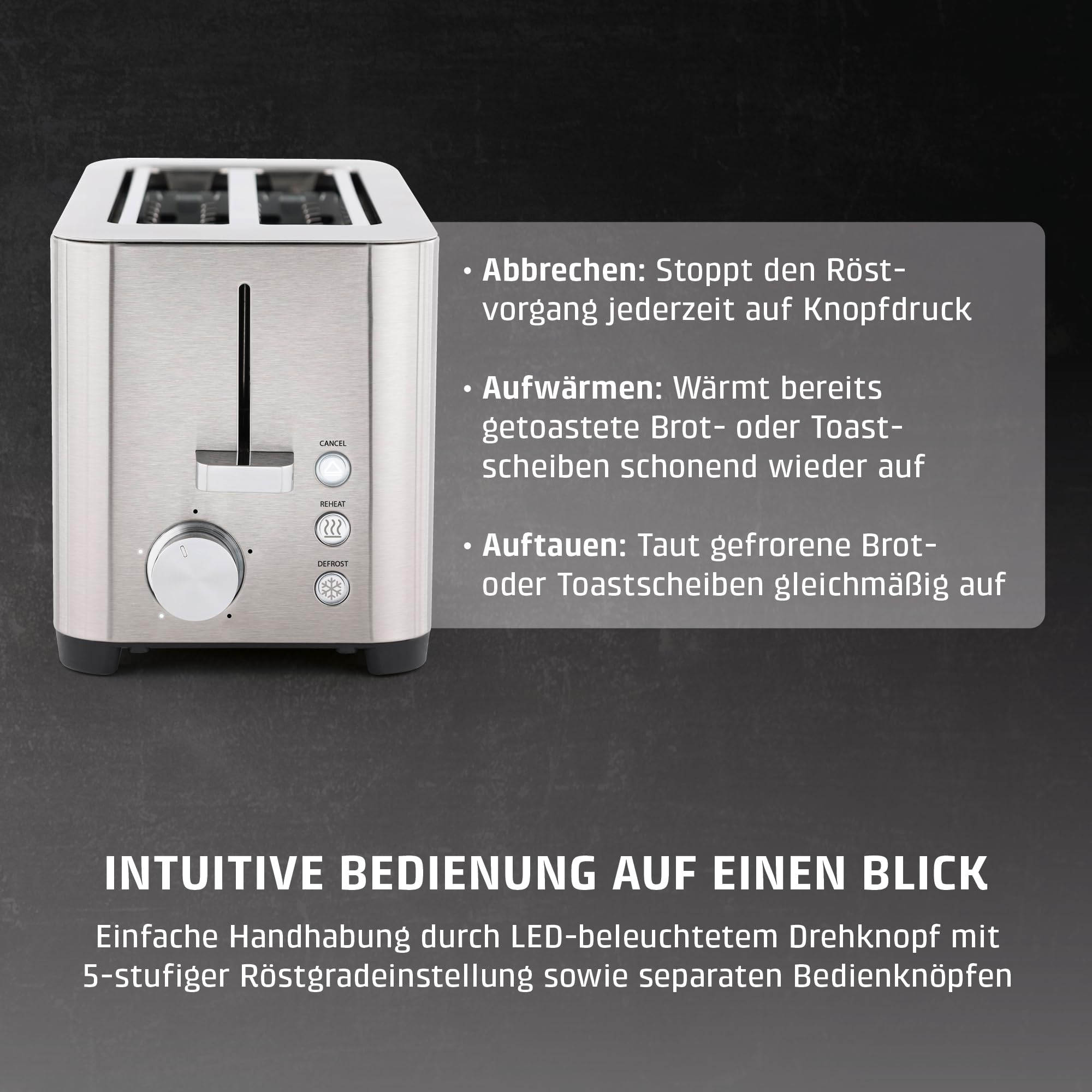CASO Classico T 4 - Design Toaster, Testurteil: Sehr Gut, 5 Stufen, Inkl. Brötchenaufsatz, Mit zusätzlicher Aufwärm-, Auftaufunktion, für 4 Scheiben Toast
